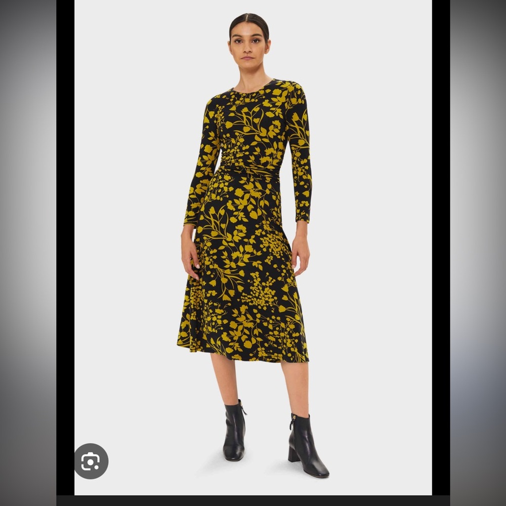 EUC 3/4 Length Sleeve Hobbs Midi Dress Black/Blue and Yellow Floral Patterns